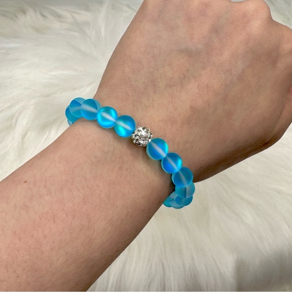 Chic Blue Matte Moonstone Beaded Bracelet w/ Rhinestone - Picture 2 of 5